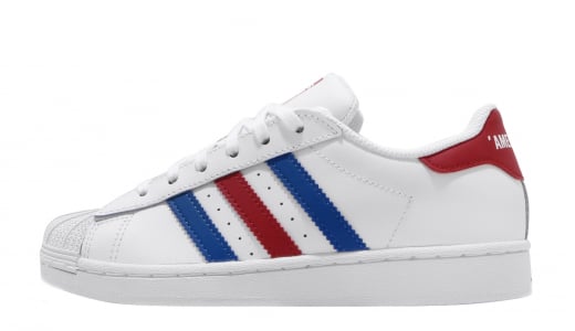 red white and blue adidas superstar